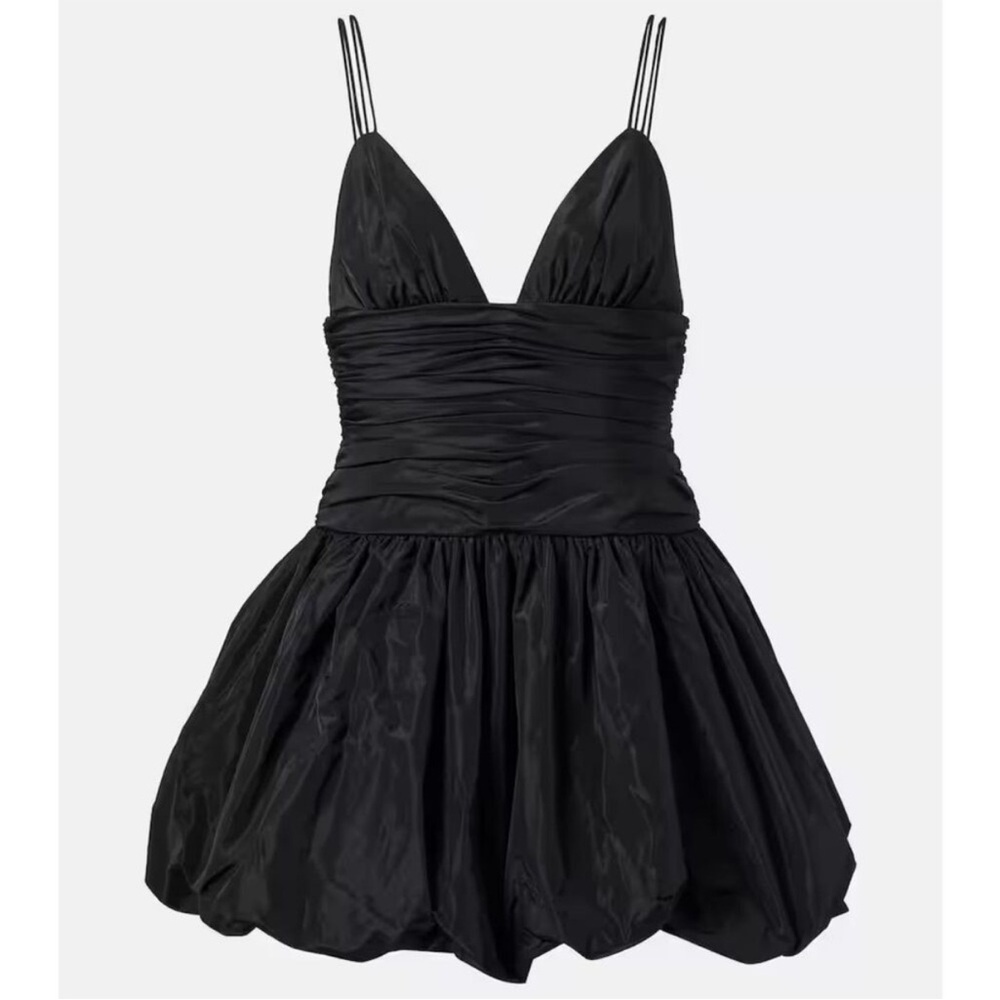 NWT STAUD Loren Taffeta Ruched Bubble Hem Double Strap Mini Dress in Black Sz 12